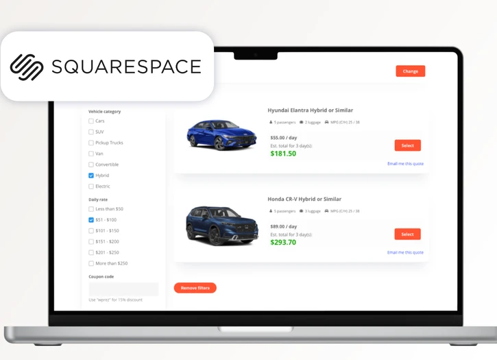 WP REZ Plugin is listing vehicles in real time on a Squarespace website